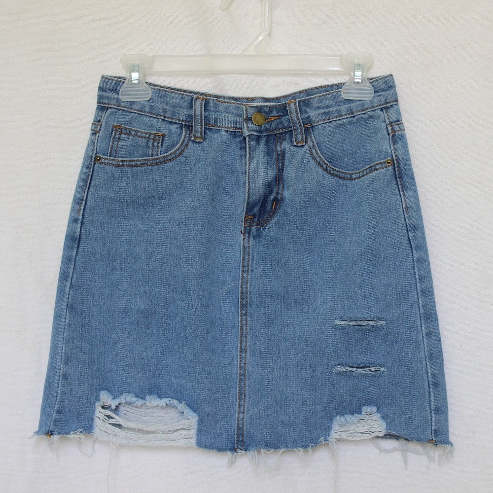 High-Waisted Distressed Denim Skirt